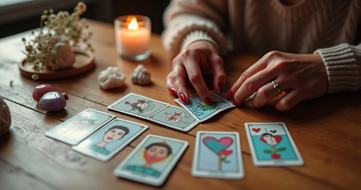 Consulta de tarot amor online com cartas espalhadas sobre mesa de madeira e mãos femininas lendo as cartas