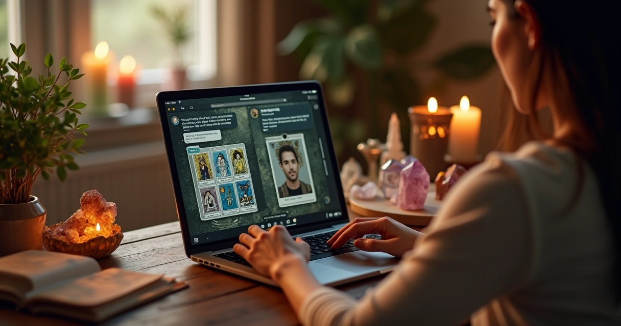 Pessoa realizando consulta de tarot online por chat em laptop, ambiente tranquilo e iluminado