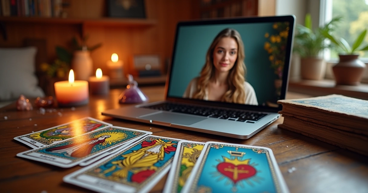 Mesa com cartas de tarot abertas durante consulta online com taróloga ao fundo em ambiente acolhedor