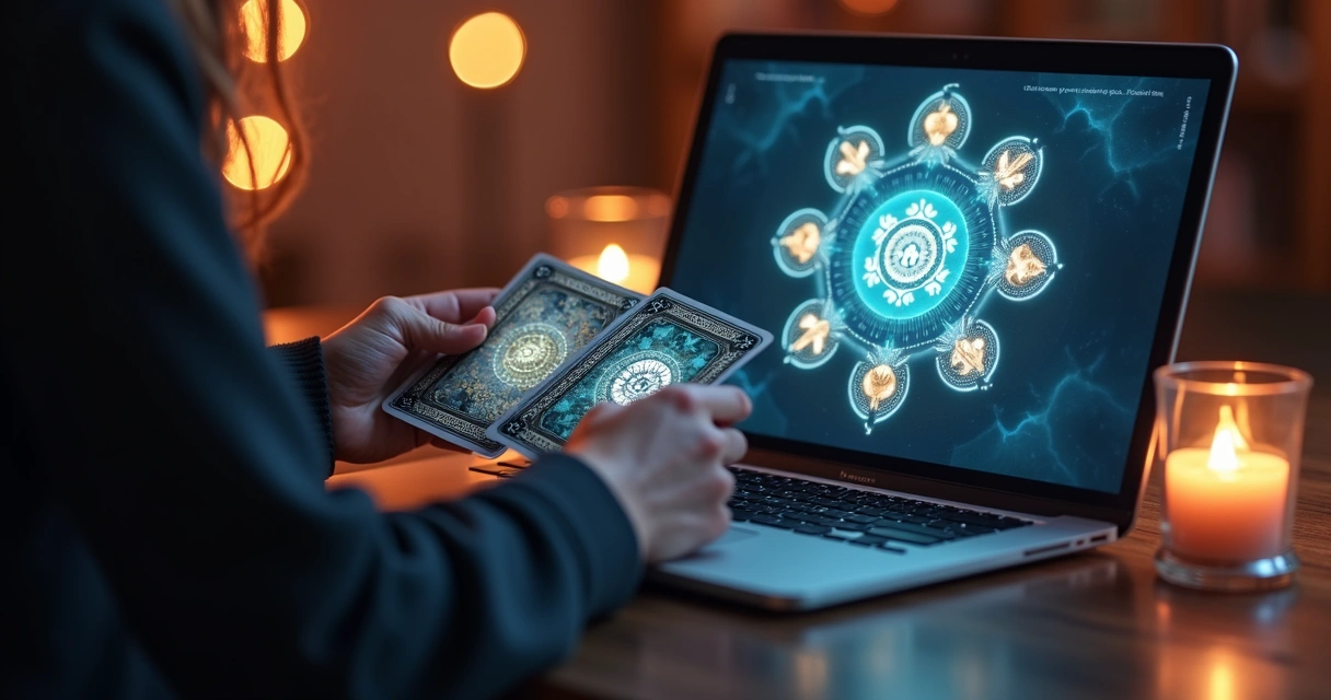 Mãos femininas segurando cartas de tarot digitais em tela de notebook com fundo místico e luzes suaves