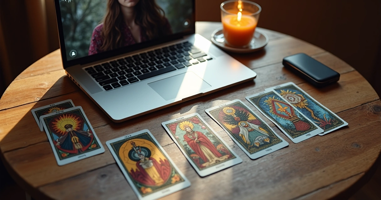 Mesa com cartas de tarot dispersas e computador para consulta online