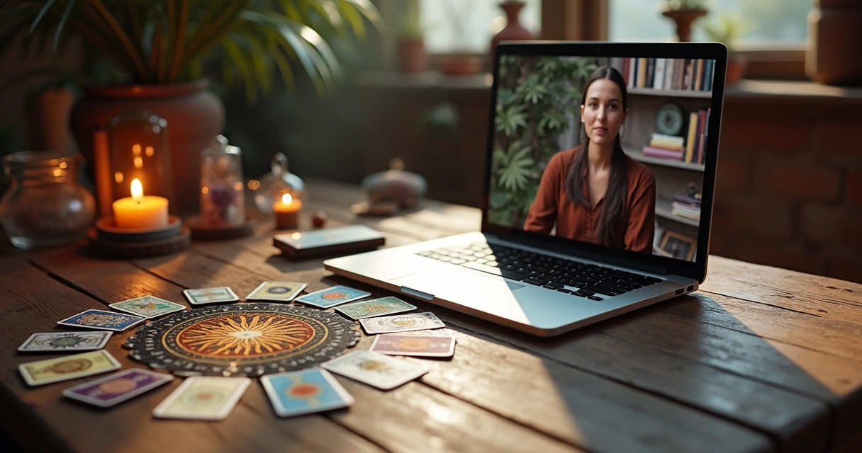 Mesa com cartas de tarot dispostas em formato mandala e computador para consulta online