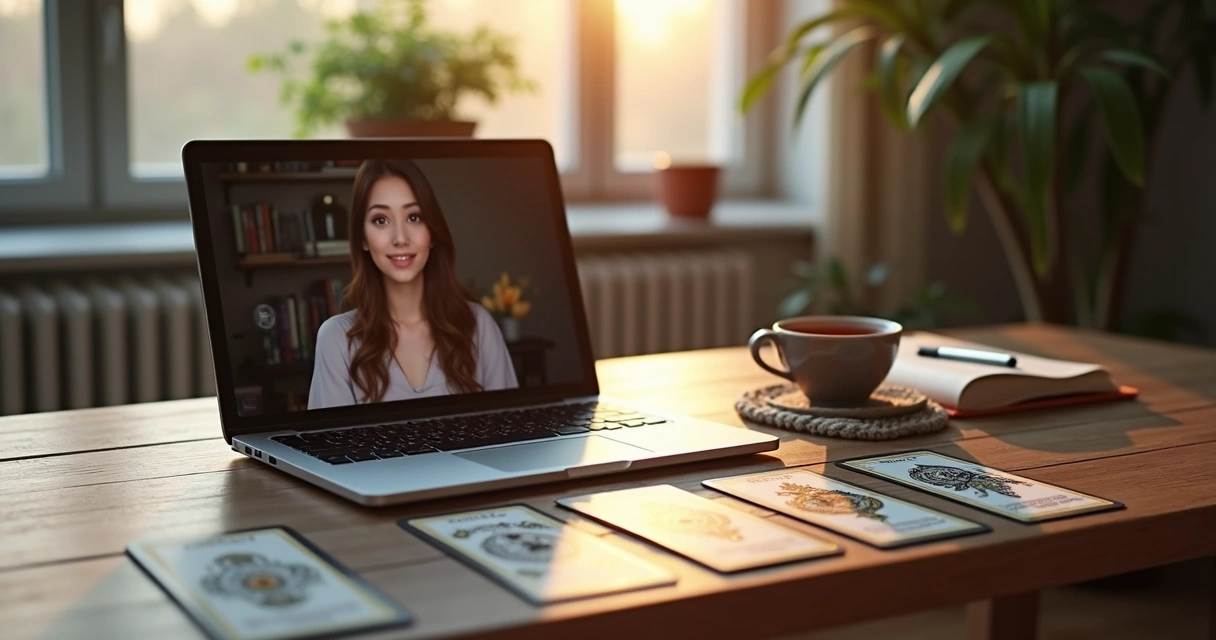 Mesa com cartas de tarot abertas em ambiente calmo e iluminado, com laptop e caneca ao lado para consulta online