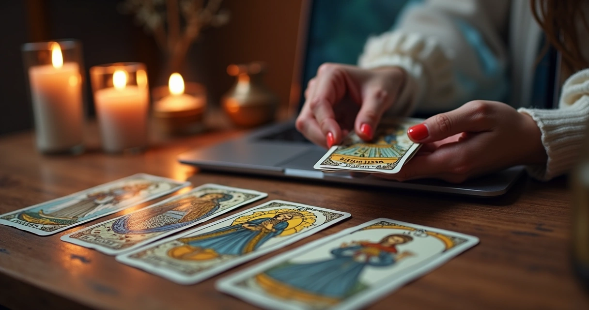 Mesa com cartas de tarot dispostas e mão feminina segurando um baralho para consulta online