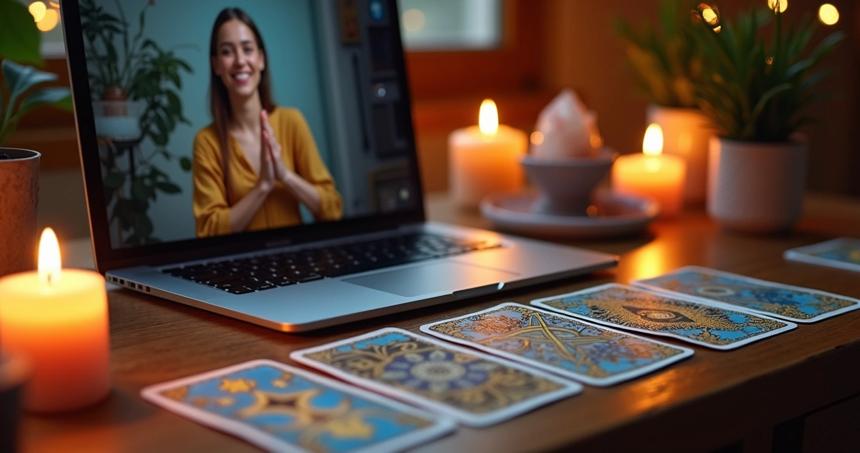 Mesa com cartas de tarot dispostas e computador portátil ao lado para atendimento online