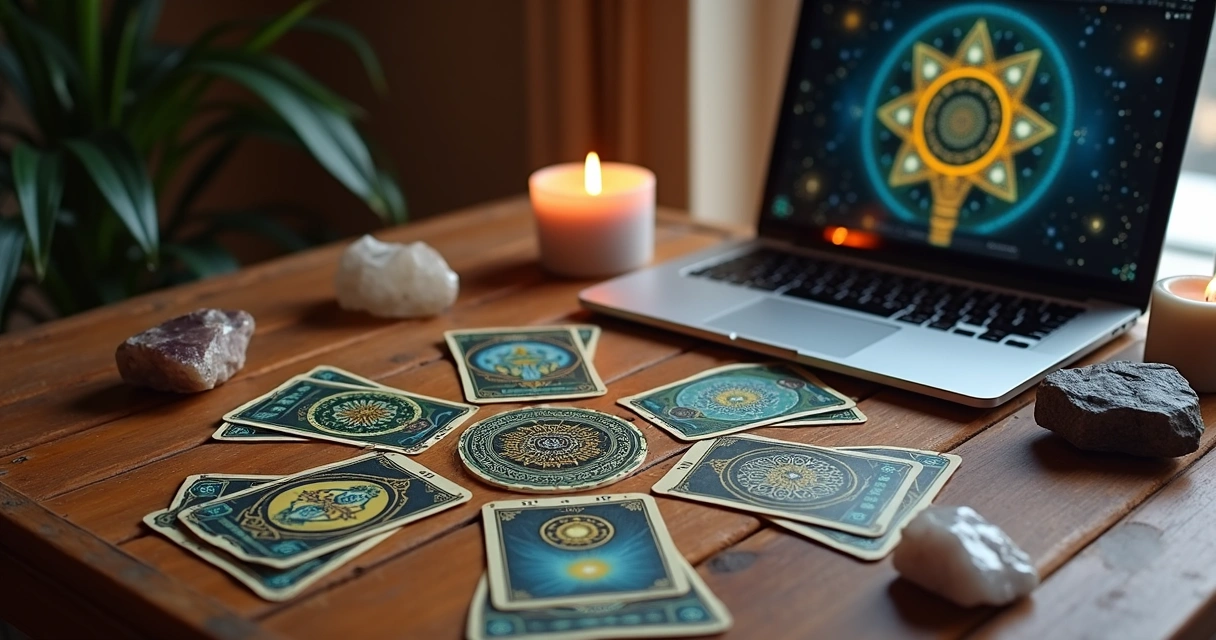 Mesa de madeira com cartas de tarot dispostas em formato de cruz celta, notebook aberto ao lado mostrando plataforma de consulta virtual, vela acesa e cristais ao redor