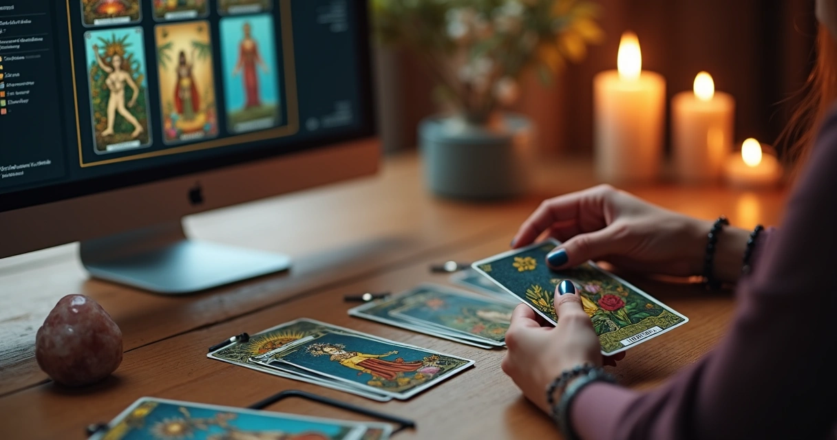 Mãos femininas segurando cartas de tarot sobre mesa digital com tela de computador mostrando baralho virtual