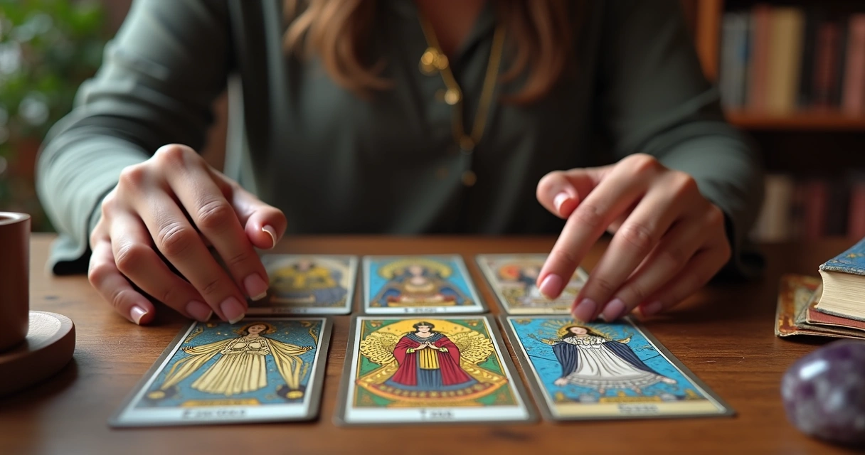 Consulta online de tarot para orientações profissionais com cartas do tarot sobre mesa de madeira