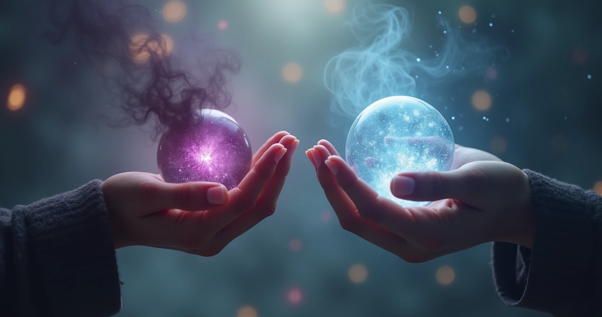 Mãos segurando orbes de energia escura e claras em fundo místico detalhado