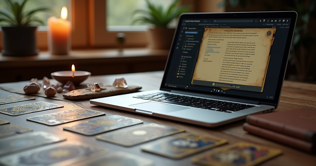 Mesa com cartas de tarot dispostas para leitura online com notebook aberto ao lado