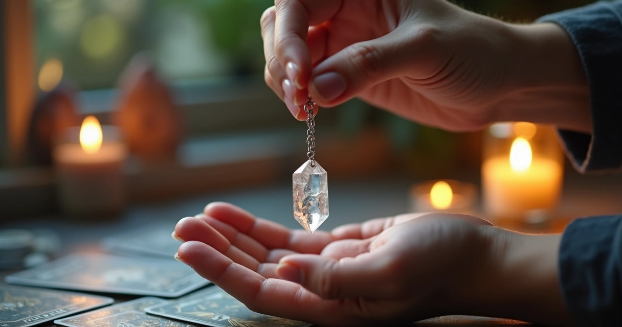Pêndulo de cristal pendurado sobre uma mão femininas, fundo suave e iluminado com elementos esotéricos ao redor