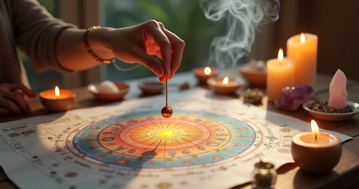 Pessoa segurando um pêndulo de radiestesia sobre mapa energético com cristais e velas ao redor