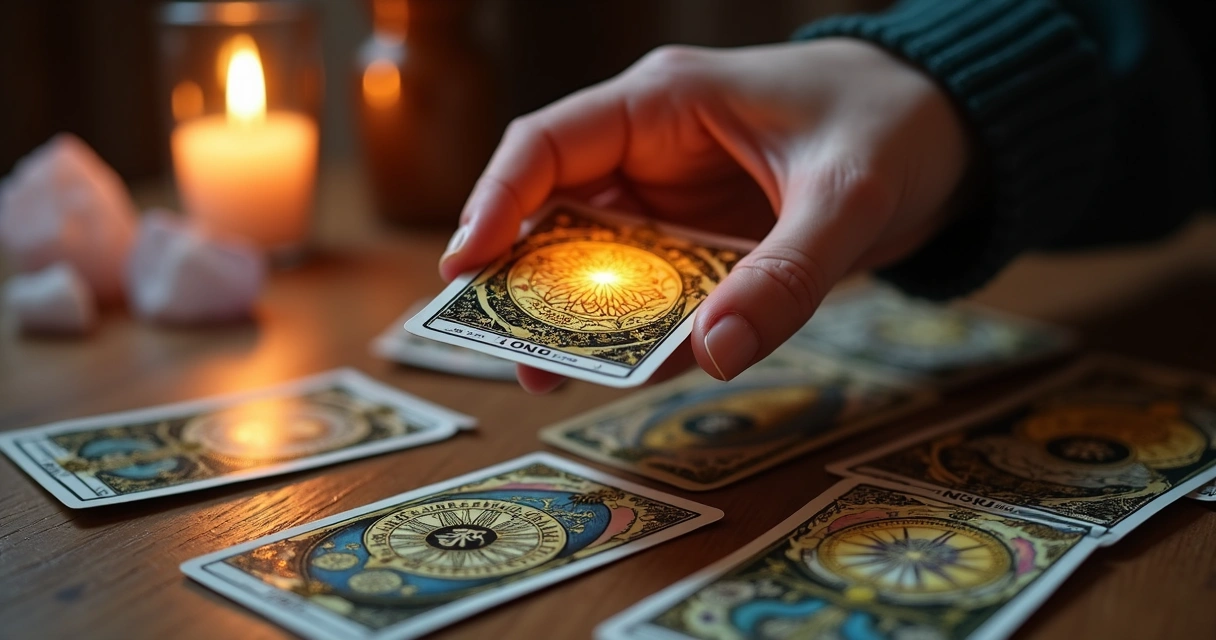 Mão segurando carta de tarot brilhante sobre mesa com outros arcanos dispostos ao redor