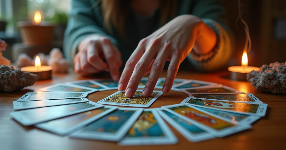 Mesa de madeira com cartas de tarot dispostas em leque e mão feminina apontando para uma carta