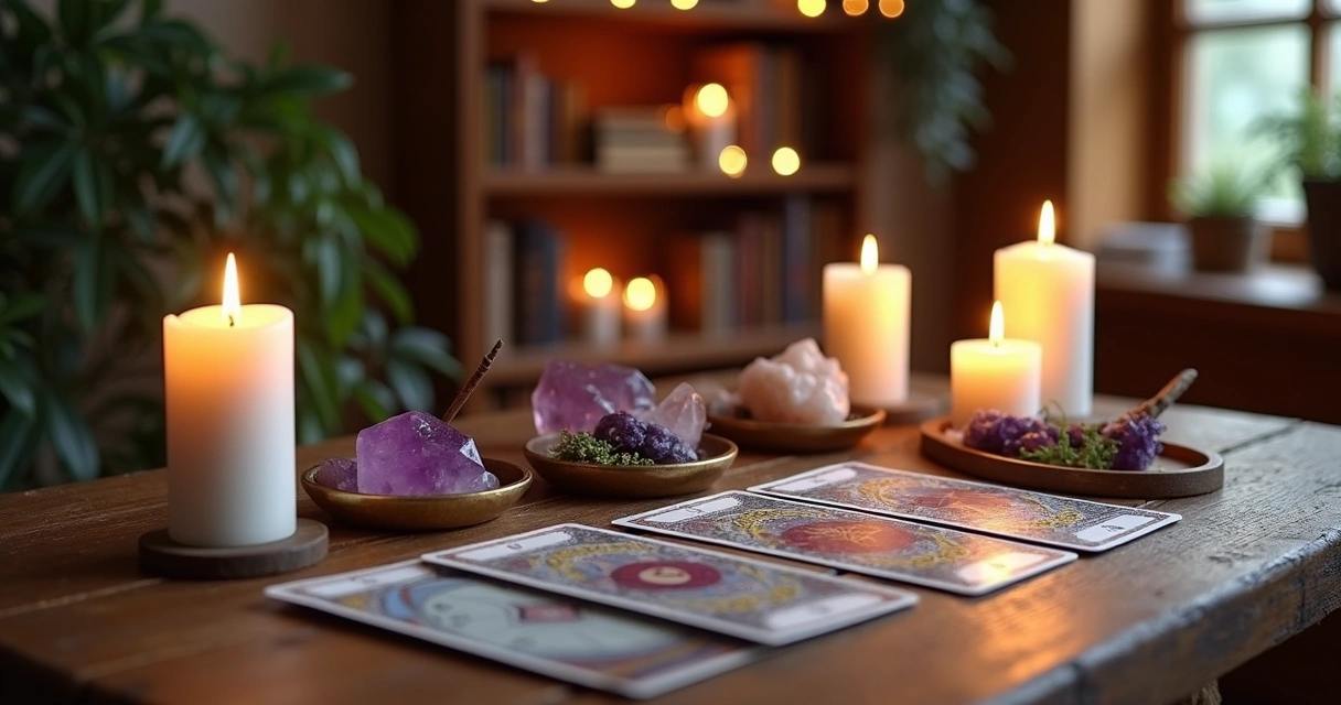 Altar esotérico organizado em mesa com velas, cristais, incensos e cartões de tarot