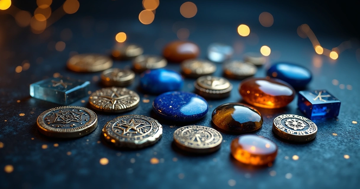 Conjunto de amuletos e talismãs sobre um fundo escuro com luzes suaves azuis e douradas, exibindo símbolos místicos e pedras preciosas detalhadas