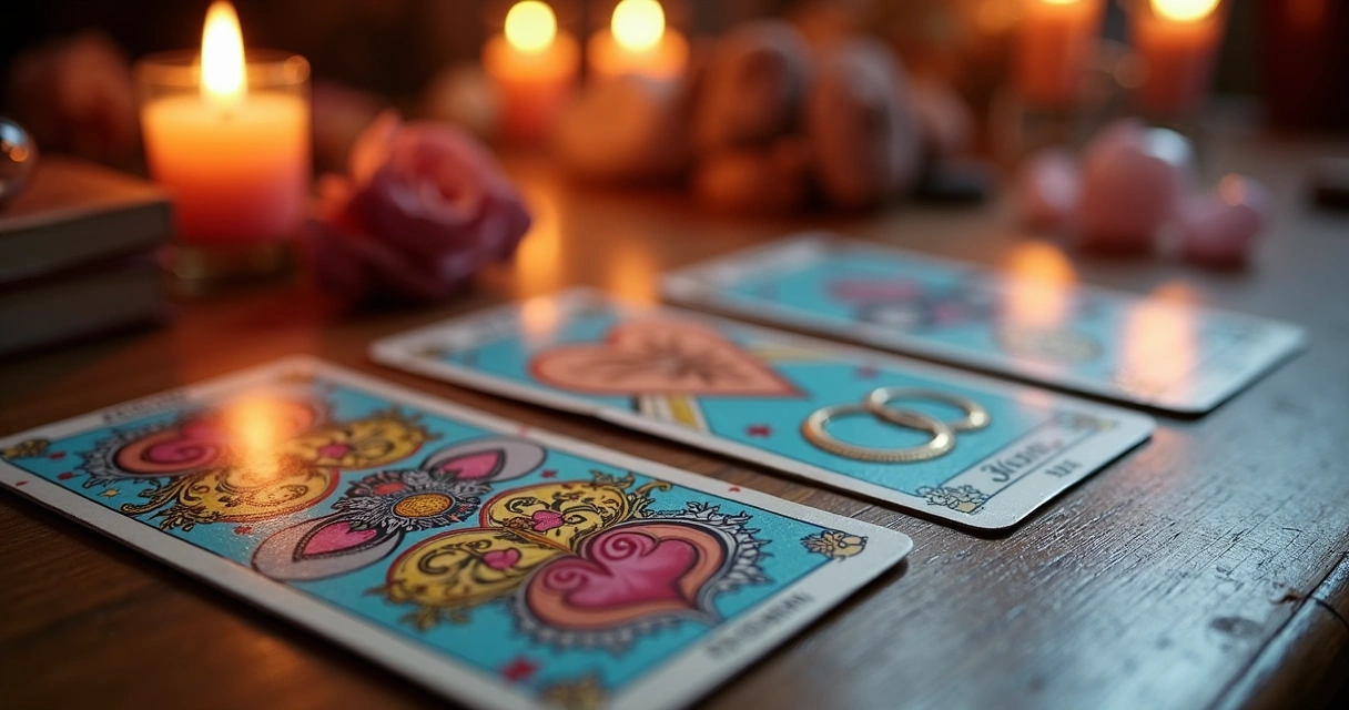 Cartas do baralho cigano espalhadas sobre mesa de madeira com velas acesas ao fundo