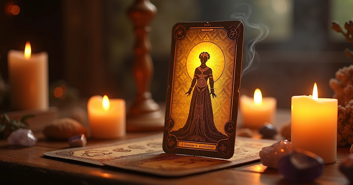 Cartas do baralho cigano com destaque para a carta Cavaleiro em mesa de madeira, rodeada por elementos esotéricos como velas e cristais