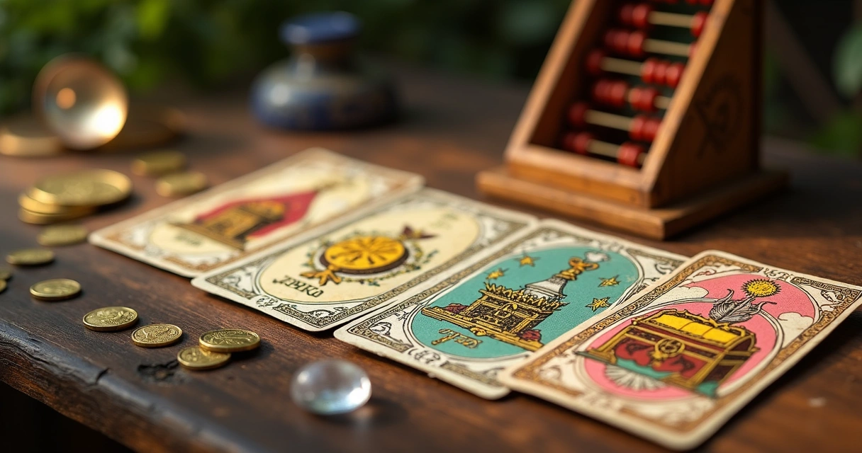 Cartas do Baralho Cigano dispostas sobre mesa de madeira com elementos que remetem a dinheiro e prosperidade