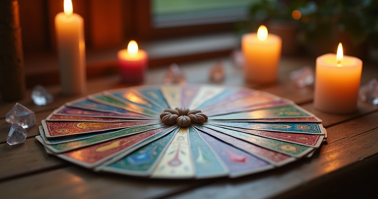 Baralho cigano sobre mesa de madeira com cartas abertas mostrando símbolos coloridos, vela acesa e cristais ao redor para conexão espiritual