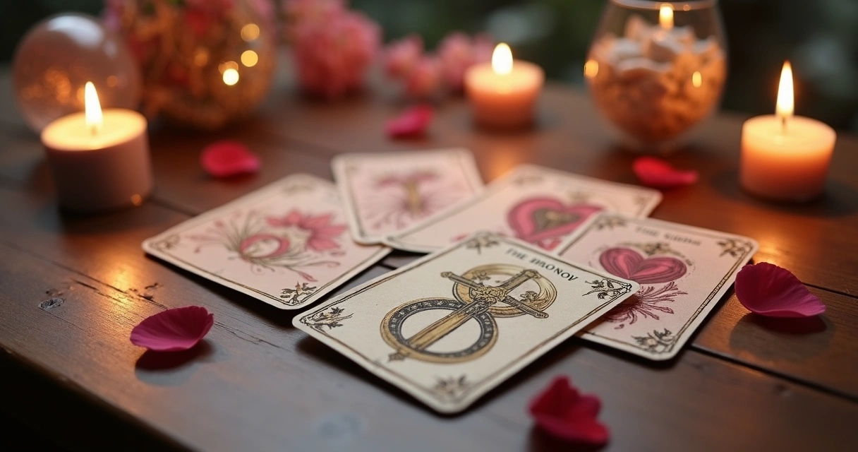 Baralho cigano aberto com várias cartas de amor sobre mesa de madeira, com velas acesas e ambiente acolhedor