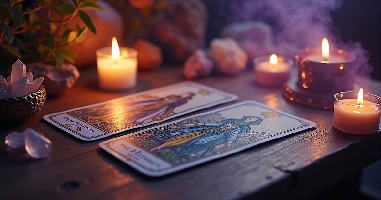 Cartas de tarot abertas sob luz dourada, com símbolos esotéricos e elementos espirituais ao redor