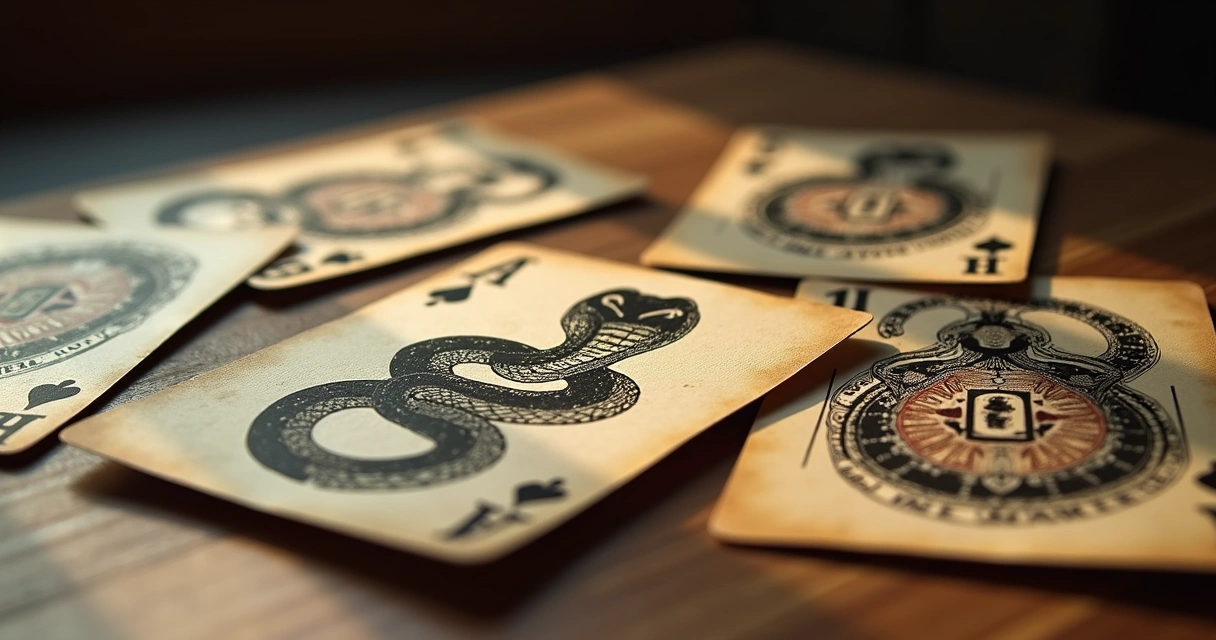 Cartas do baralho cigano espalhadas sobre mesa, com destaque para a carta da cobra e outras que indicam traição e segredos no amor