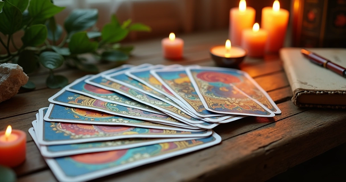 Cartas do baralho cigano espalhadas sobre fundo de madeira com elementos místicos ao redor