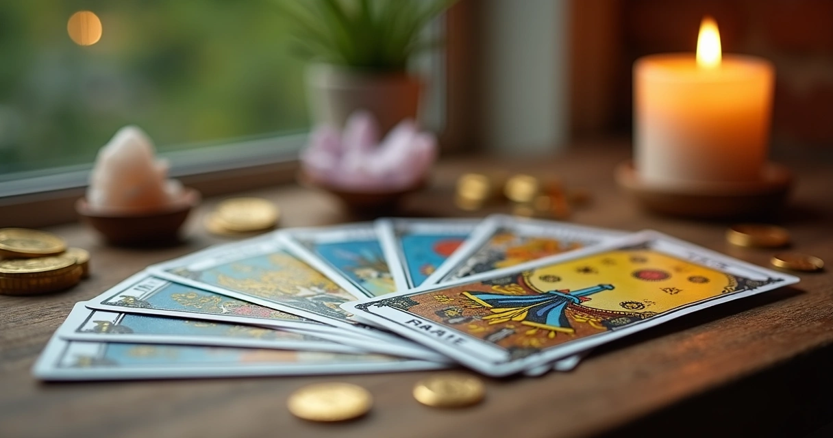 Cartas de tarot dispostas sobre uma mesa de madeira com elementos de prosperidade ao redor, como moedas douradas e luz suave