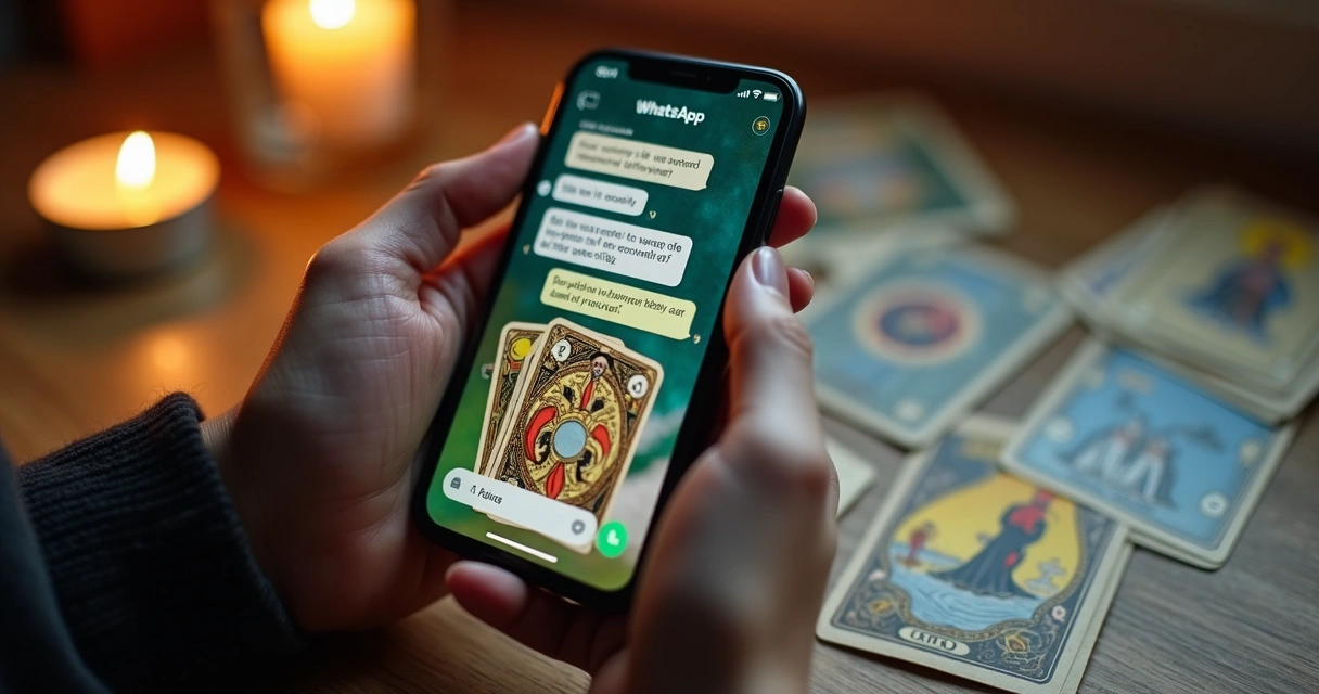 Pessoa segurando um celular exibindo uma consulta de tarot por WhatsApp com cartas de tarot na tela e ambiente iluminado de forma acolhedora