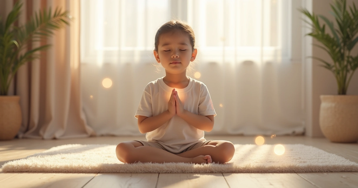 Criança sentada em posição de meditação com as mãos sobre o peito, luz suave e cores calmantes ao redor