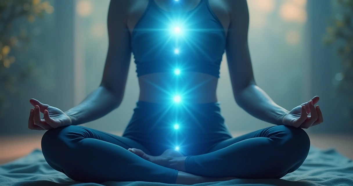 Mãos com luz energética azul brilhante canalizando energia para o chakra do peito, simbolizando cura espiritual com chakras alinhados e fundo suave com símbolos esotéricos