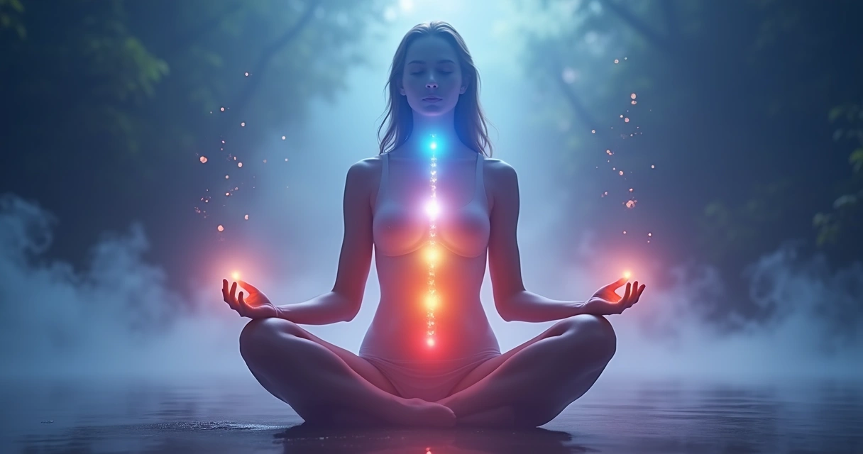 Pessoa meditando com mãos emanando luz energética sobre chakras iluminados
