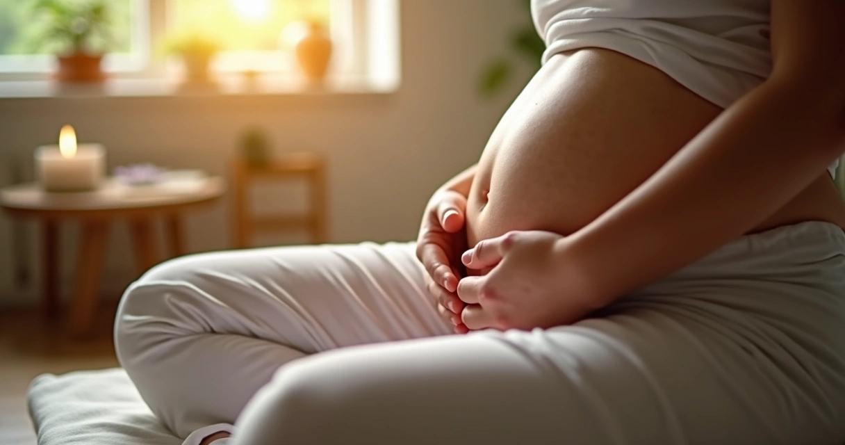 Mãos de terapeuta emitindo energia sobre a barriga de mulher em ambiente calmo e iluminado