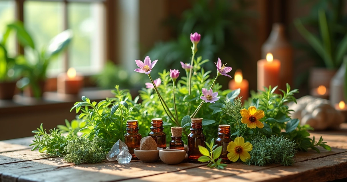 Conjunto de oito plantas místicas sagradas dispostas em uma mesa de madeira rústica, com folhas verdes, flores coloridas e pequenos frascos de vidro com essências, iluminadas por luz natural suave