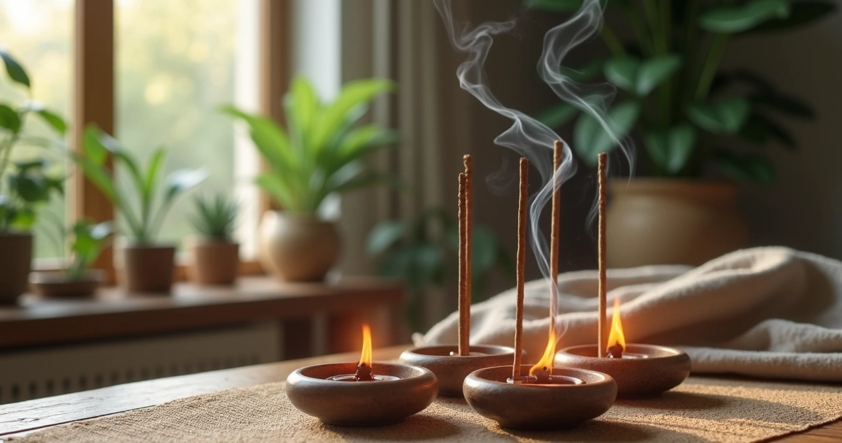 Vários incensos acesos em suportes artísticos com fumaça delicada em ambiente sereno com plantas verdes e luz natural suave