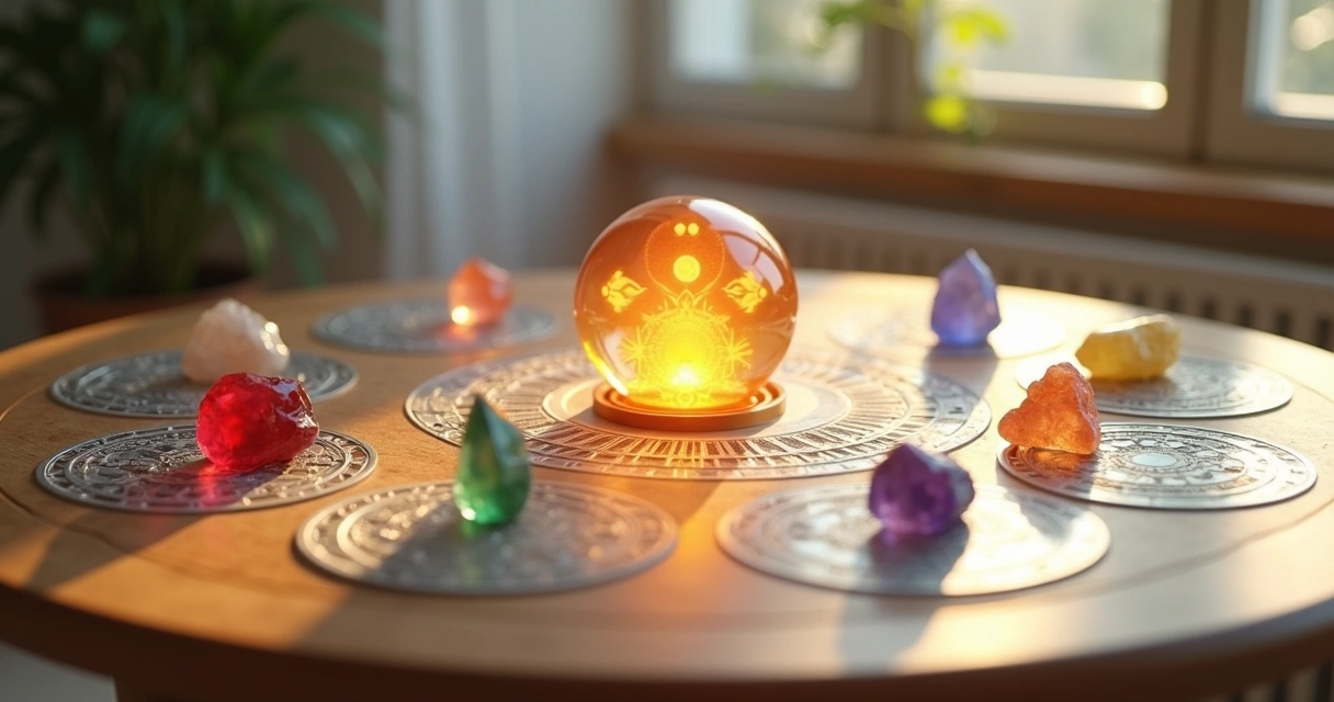 Mesa radiônica com cristais, gráficos e símbolos esotéricos dispostos para limpeza espiritual