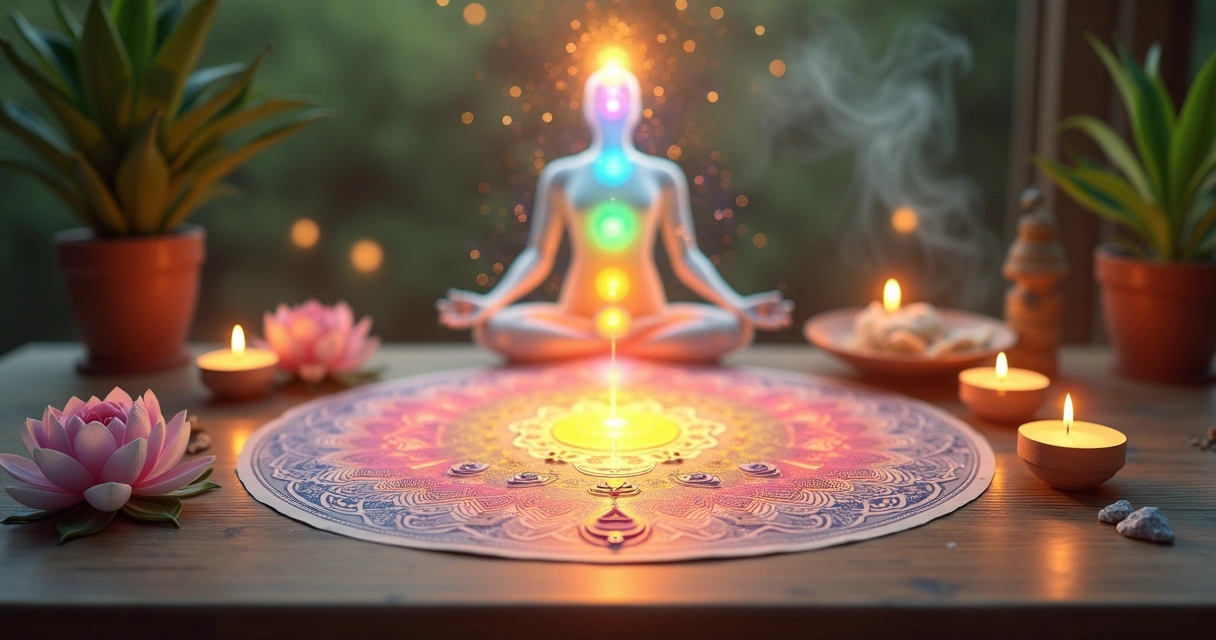 Mesa radiônica com gráficos coloridos, cristais e símbolos esotéricos para equilíbrio energético