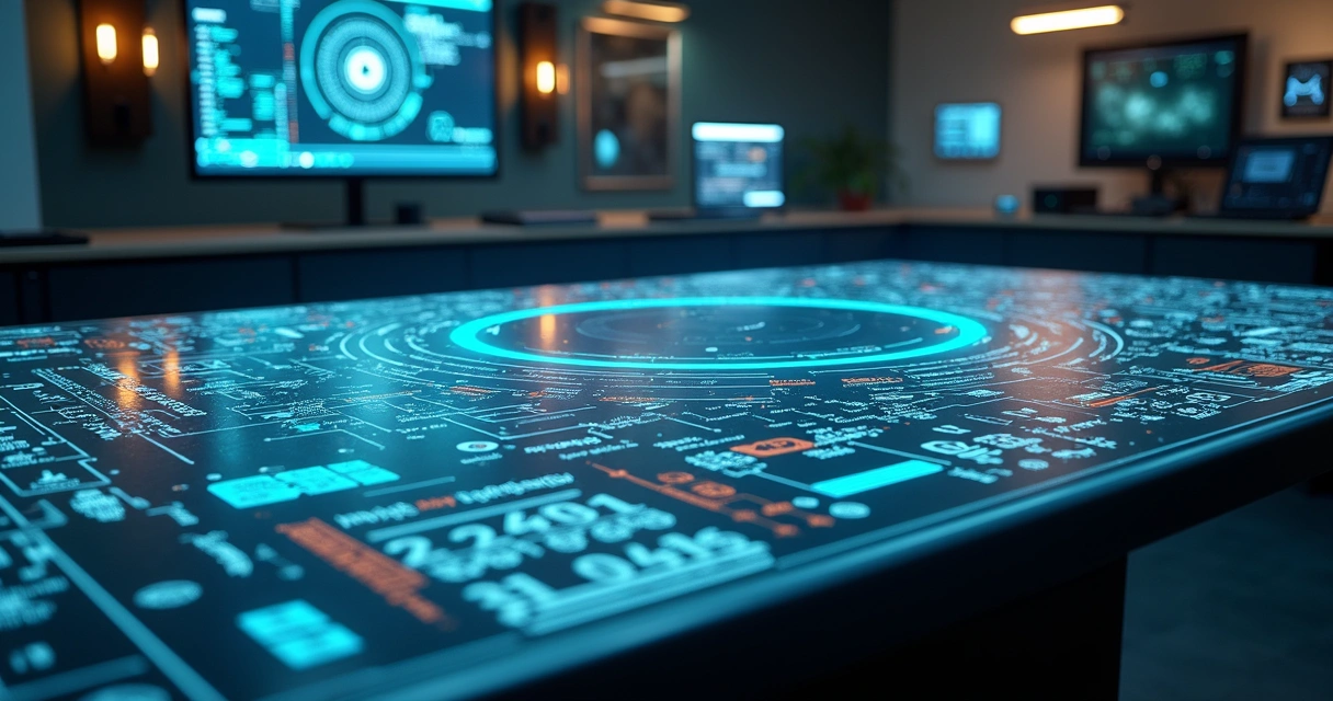 Mesa radiônica completa com gráficos, símbolos e cristais dispostos sobre superfície de madeira clara em ambiente iluminado
