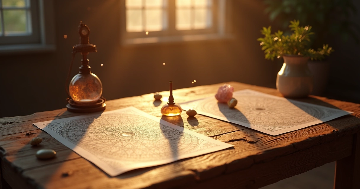 Mesa radiônica com instrumentos esotéricos sobre mesa de madeira em ambiente de iluminação suave