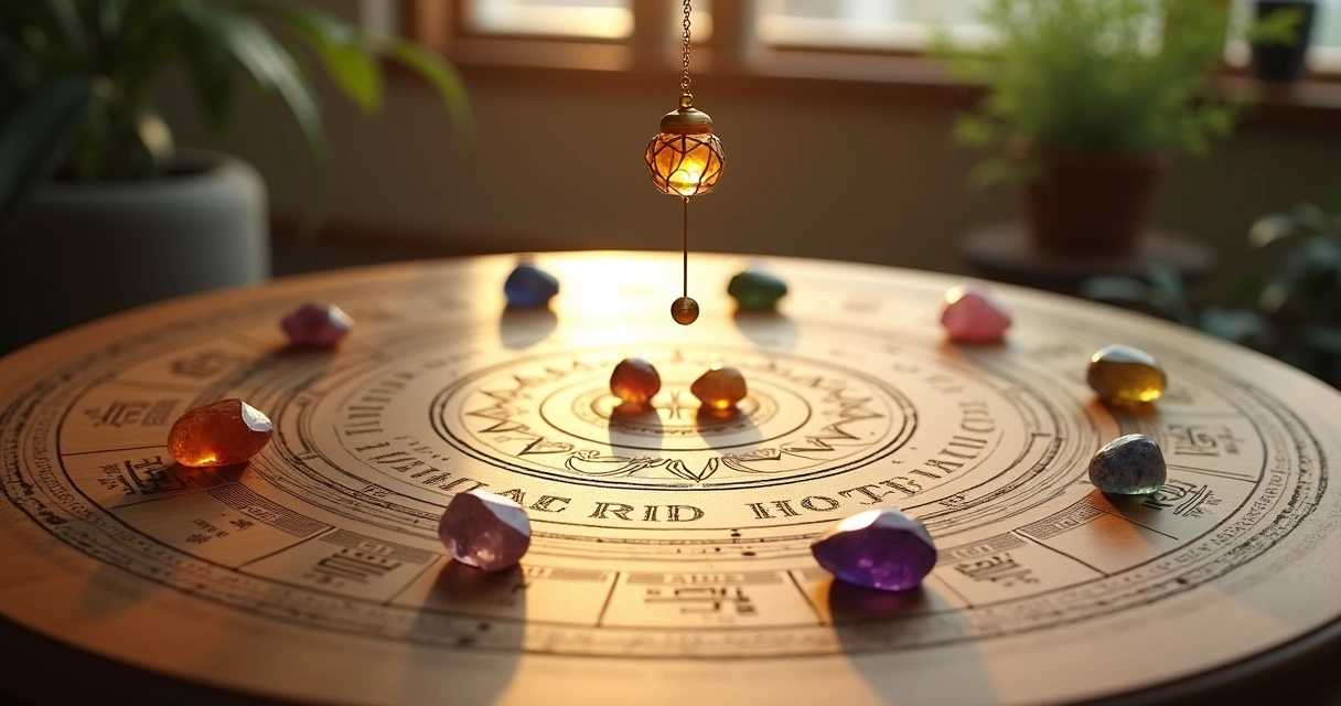 Mesa radiônica com cristais, gráficos energéticos e pêndulo sobre uma superfície de madeira clara