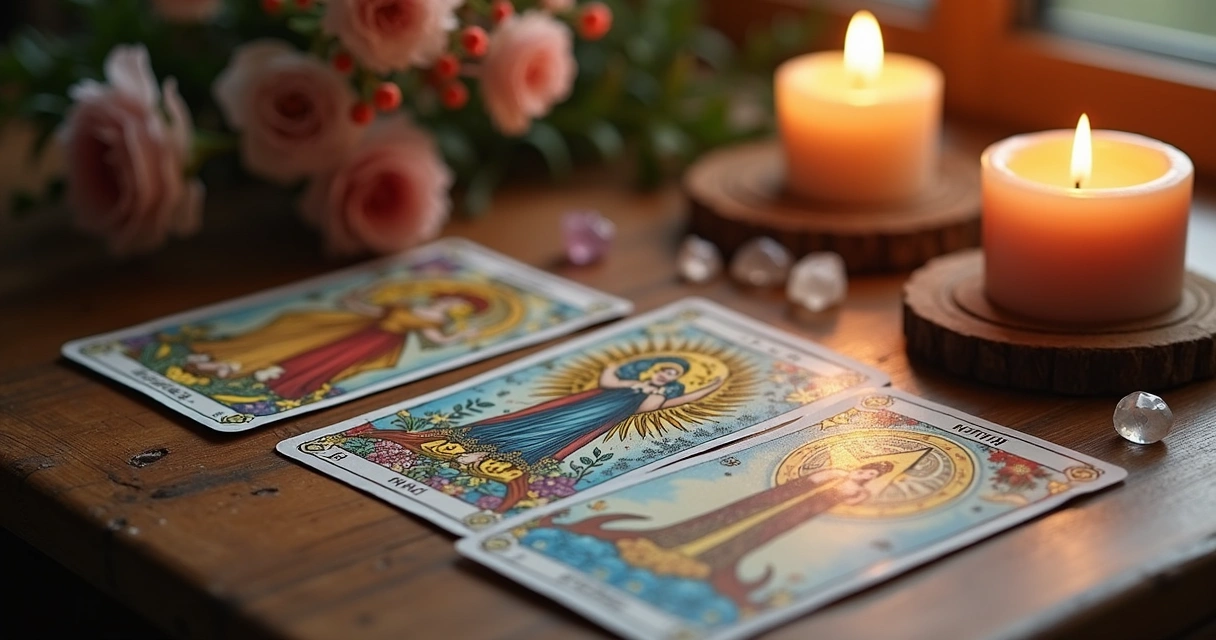 Mesa com cartas de tarot abertas mostrando arcanos maiores relacionados ao amor e relacionamento