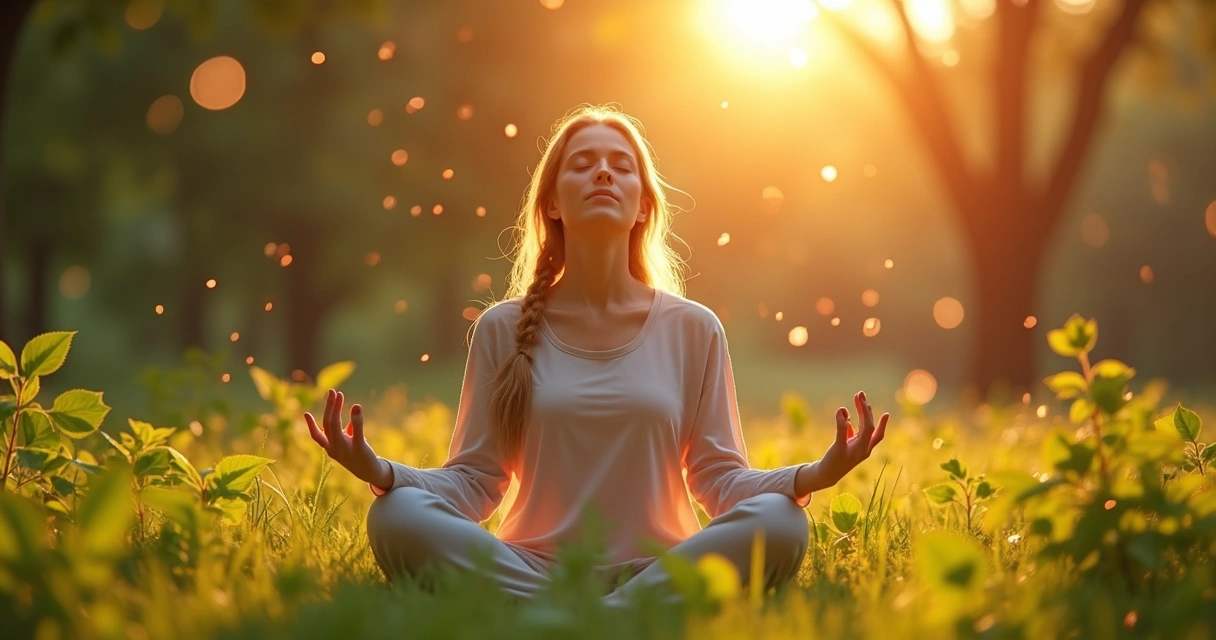 Mulher sentada em jardim com luz suave recarregando energia espiritual