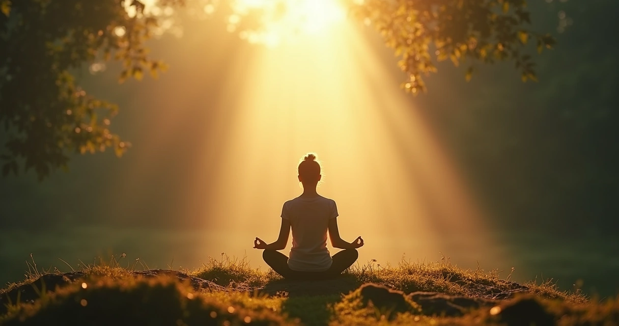 Pessoa meditando protegida por luz dourada em ambiente natural, transmitindo paz e proteção energética