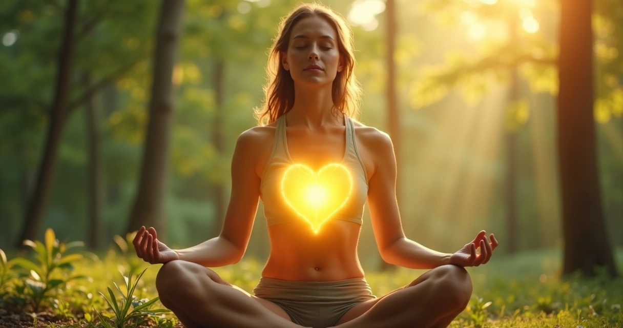 Mulher meditando em ambiente tranquilo com mãos sobre o plexo solar iluminado por energia dourada e brilho suave ao redor dos chakras