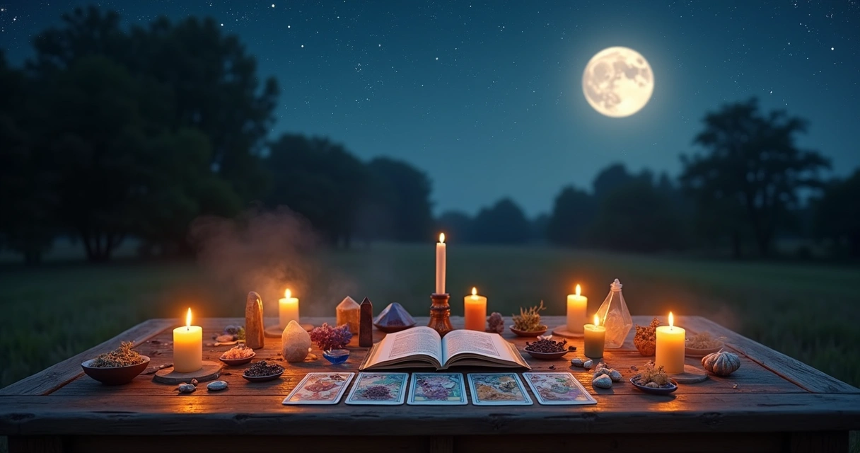 Mesa ao ar livre com velas acesas, cristais e cartas de tarô sob lua cheia brilhante e céu estrelado