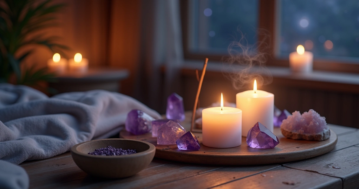 Mesa com velas acesas, cristais e incenso em ambiente tranquilo para ritual noturno