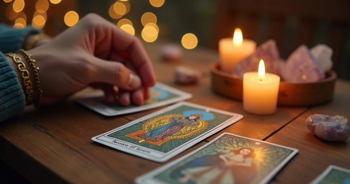 Mão segurando carta de tarot com fundo de velas e cristais em mesa de madeira