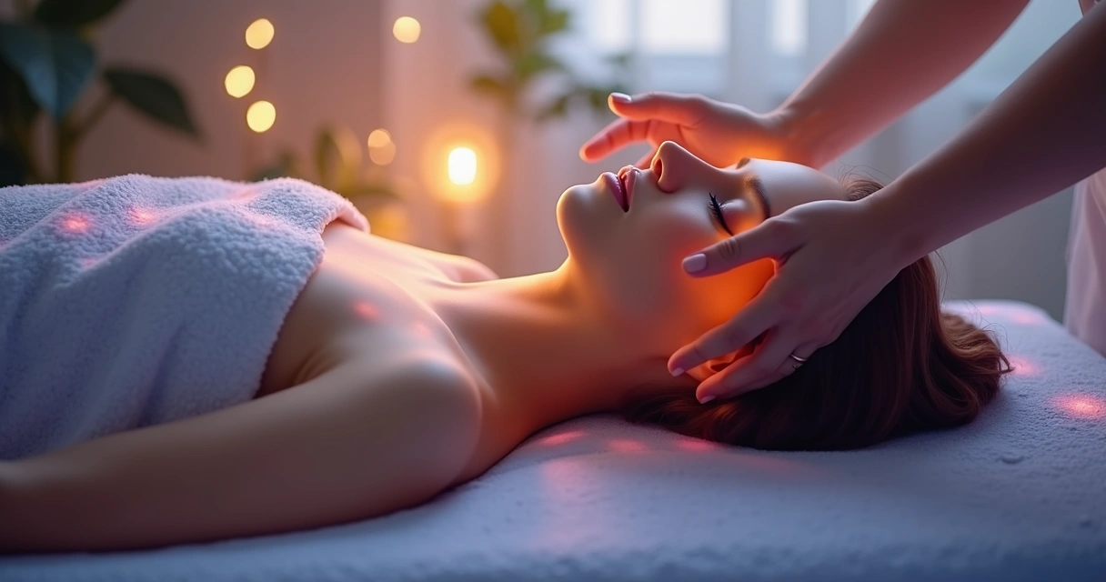 Pessoa recebendo sessão de reiki com mãos iluminadas sobre o corpo, atmosfera calma e energética