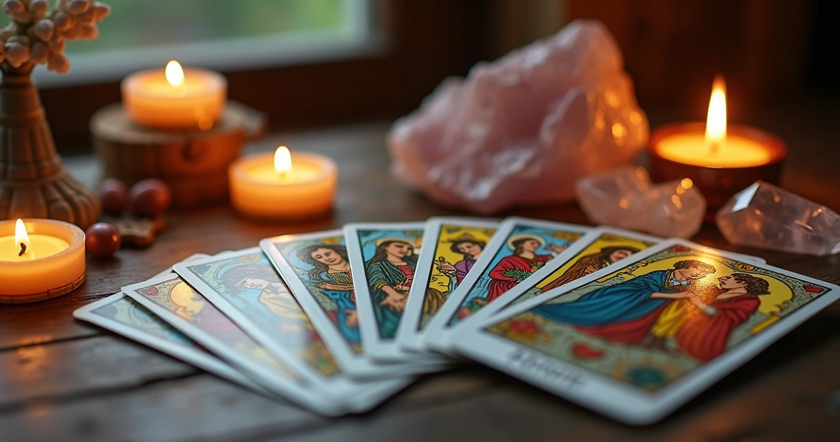 Cartas de tarot dispostas em leque sobre mesa de madeira com cristais e velas acesas